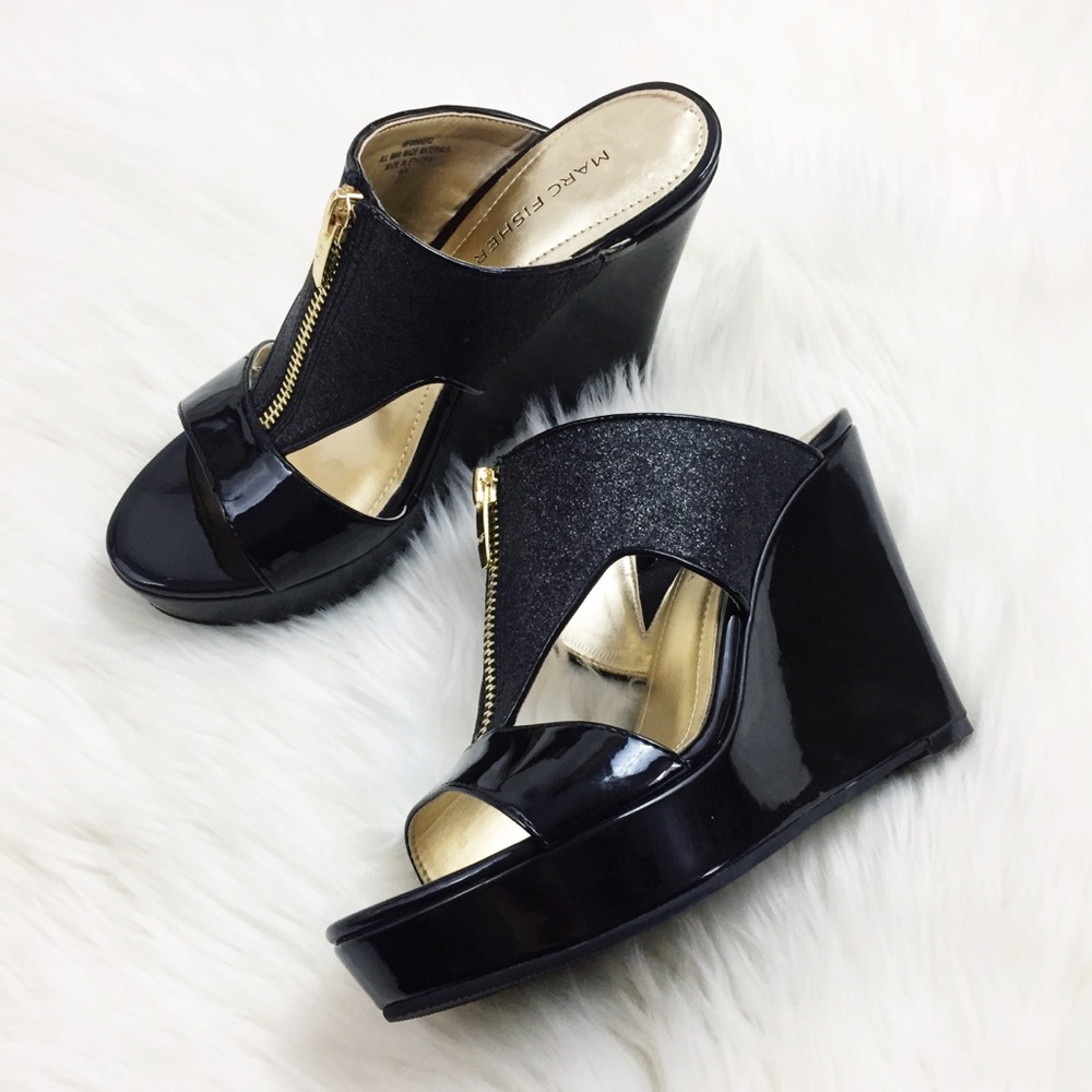 MARC FISHER Black Glitter Open Toe Wedges